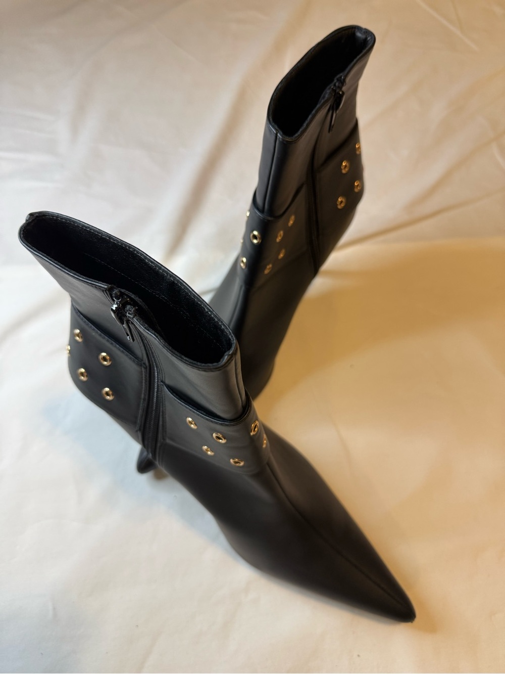 Black Pointed Toe Ankle Boots with Gold Eyelet Detail - Women